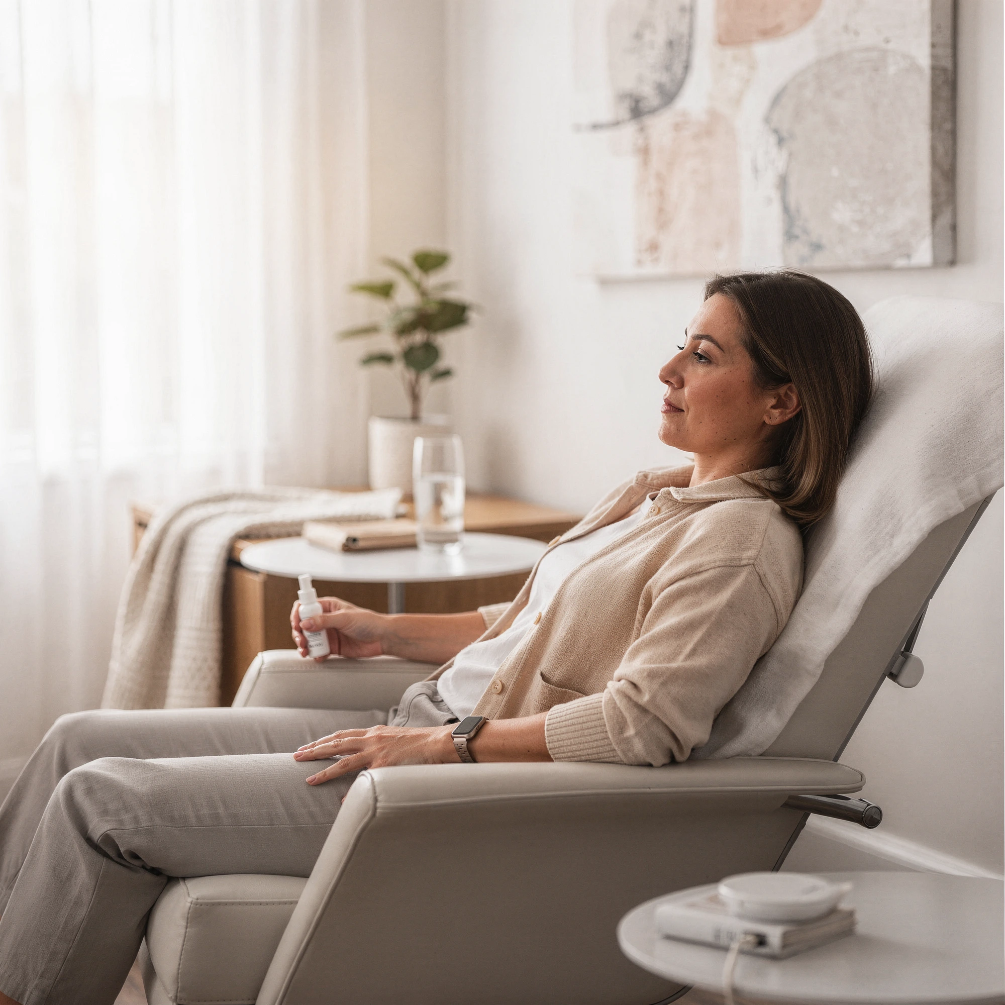 Patient seated in a clinical chair holding a Spravato nasal spray during treatment